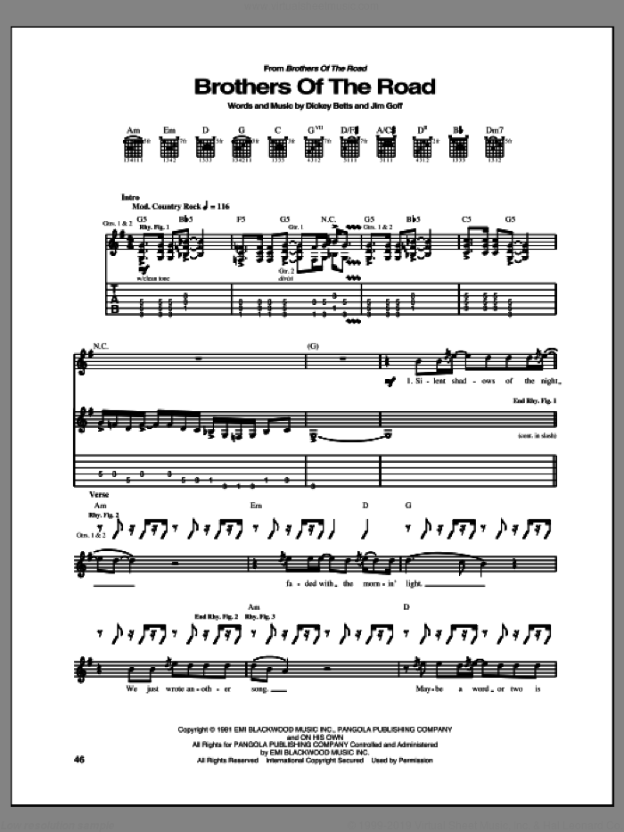 Brothers Of The Road sheet music for guitar (tablature) by Allman Brothers Band and Allman Brothers, intermediate skill level