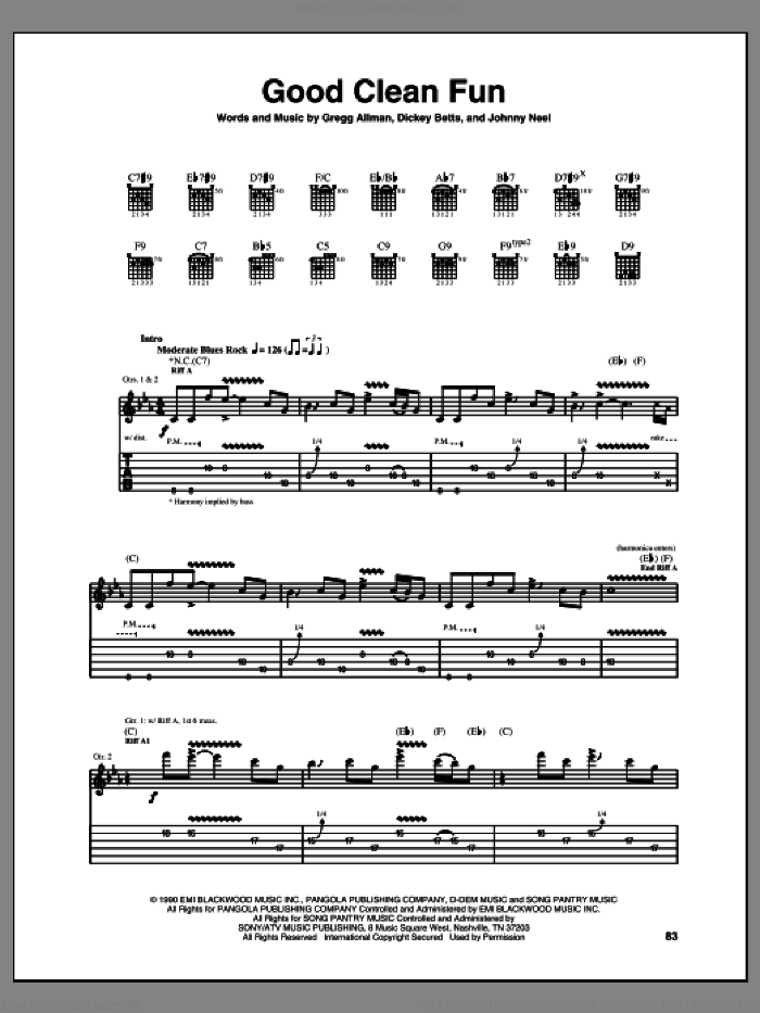 Good Clean Fun sheet music for guitar (tablature) by Allman Brothers Band, Allman Brothers and The Allman Brothers Band, intermediate skill level