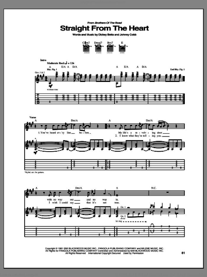 Straight From The Heart sheet music for guitar (tablature) by The Allman Brothers Band, Allman Brothers Band, Dickey Betts and Johnny Cobb, intermediate skill level