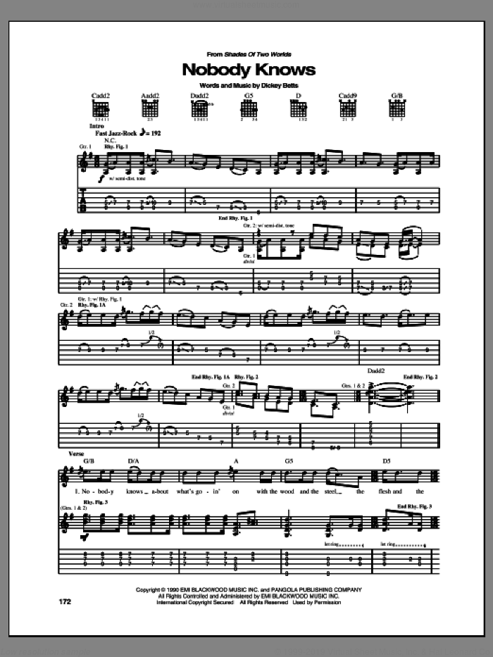 Nobody Knows sheet music for guitar (tablature) by Allman Brothers Band, Dickey Betts and The Allman Brothers Band, intermediate skill level