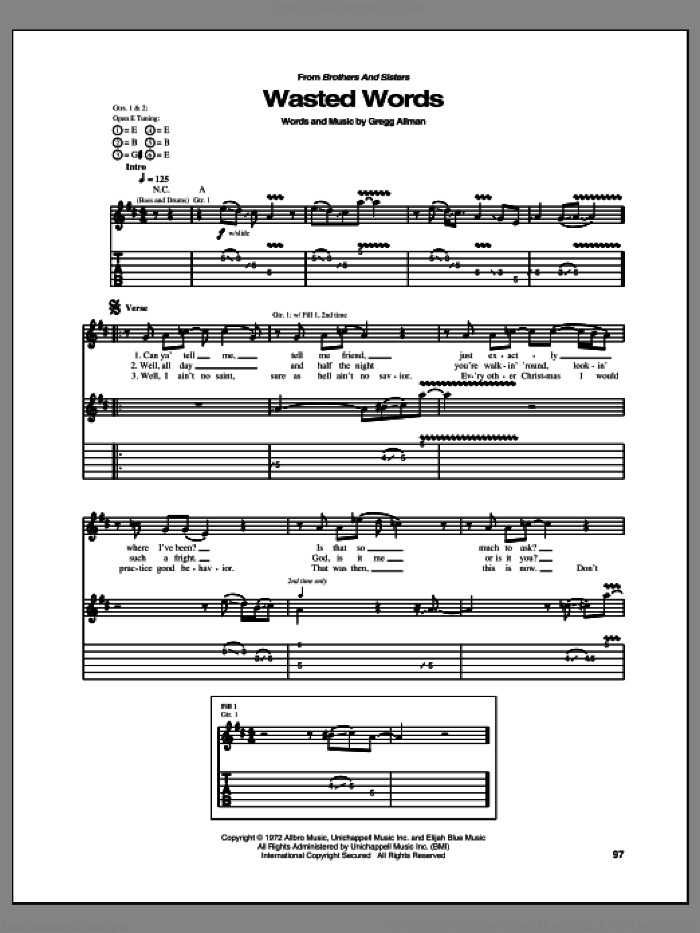Wasted Words sheet music for guitar (tablature) by Allman Brothers Band, Gregg Allman and The Allman Brothers Band, intermediate skill level