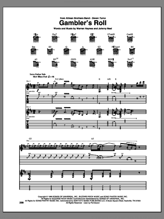 Gambler's Roll sheet music for guitar (tablature) by Allman Brothers Band, Allman Brothers and The Allman Brothers Band, intermediate skill level