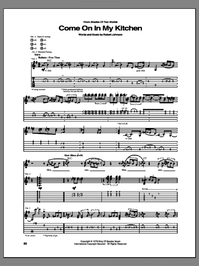 Come On In My Kitchen sheet music for guitar (tablature) by Allman Brothers Band, Allman Brothers and Robert Johnson, intermediate skill level