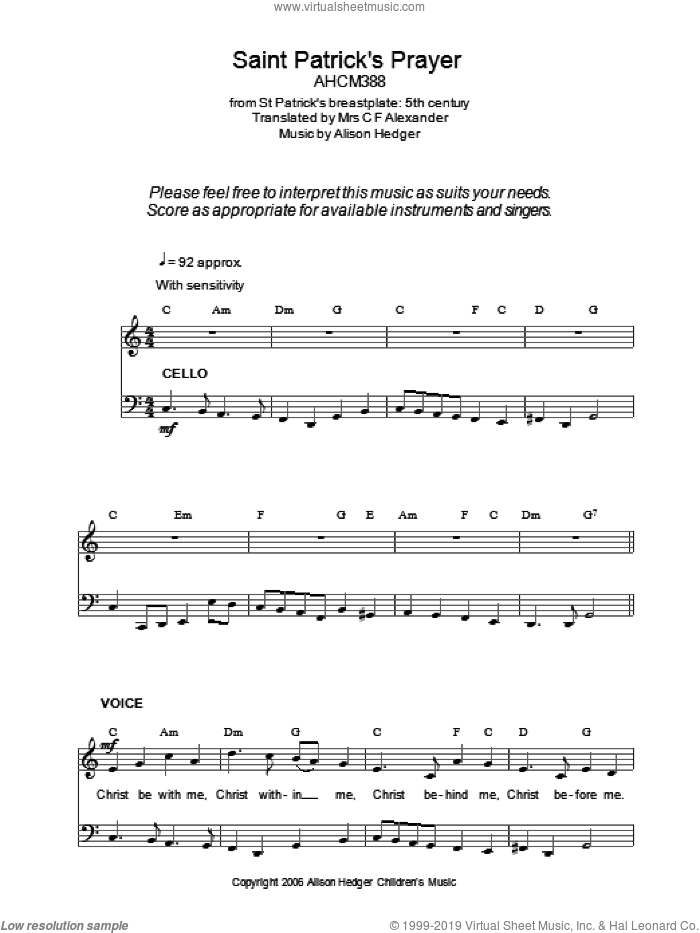 Saint Patrick's Prayer sheet music for voice, piano or guitar by Alison Hedger and Miscellaneous, intermediate skill level