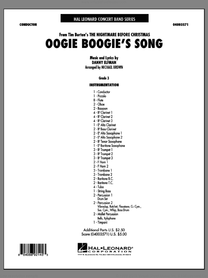 Oogie Boogie's Song (from The Nightmare Before Christmas) (COMPLETE) sheet music for concert band by Danny Elfman and Michael Brown, intermediate skill level