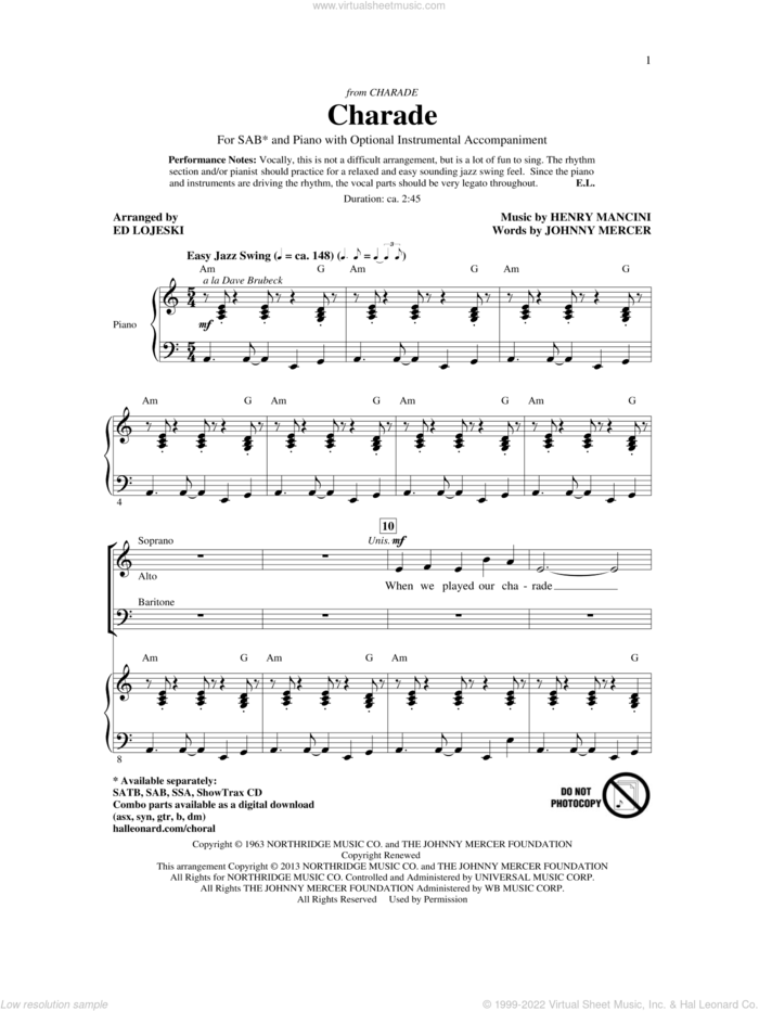 Charade sheet music for choir (SAB: soprano, alto, bass) by Johnny Mercer, Andy Williams, Ed Lojeski, Henry Mancini and Sammy Kaye, intermediate skill level