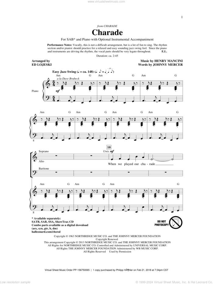 Charade sheet music for choir (SAB: soprano, alto, bass) by Johnny Mercer, Andy Williams, Ed Lojeski, Henry Mancini and Sammy Kaye, intermediate skill level