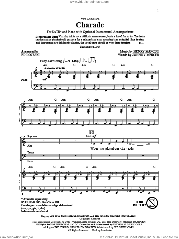 Charade sheet music for choir (SATB: soprano, alto, tenor, bass) by Johnny Mercer, Andy Williams, Ed Lojeski, Henry Mancini and Sammy Kaye, intermediate skill level