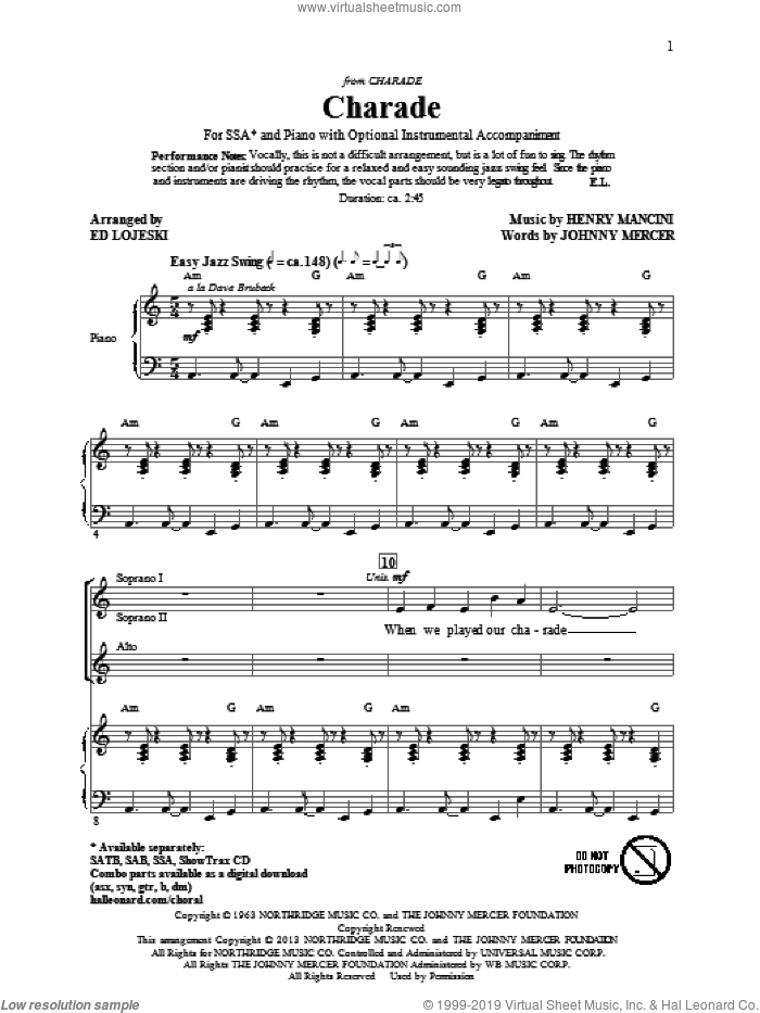 Charade sheet music for choir (SSA: soprano, alto) by Johnny Mercer, Andy Williams, Ed Lojeski, Henry Mancini and Sammy Kaye, intermediate skill level