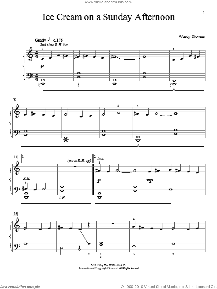 Ice Cream On A Sunday Afternoon sheet music for piano solo (elementary) by Wendy Stevens, beginner piano (elementary)