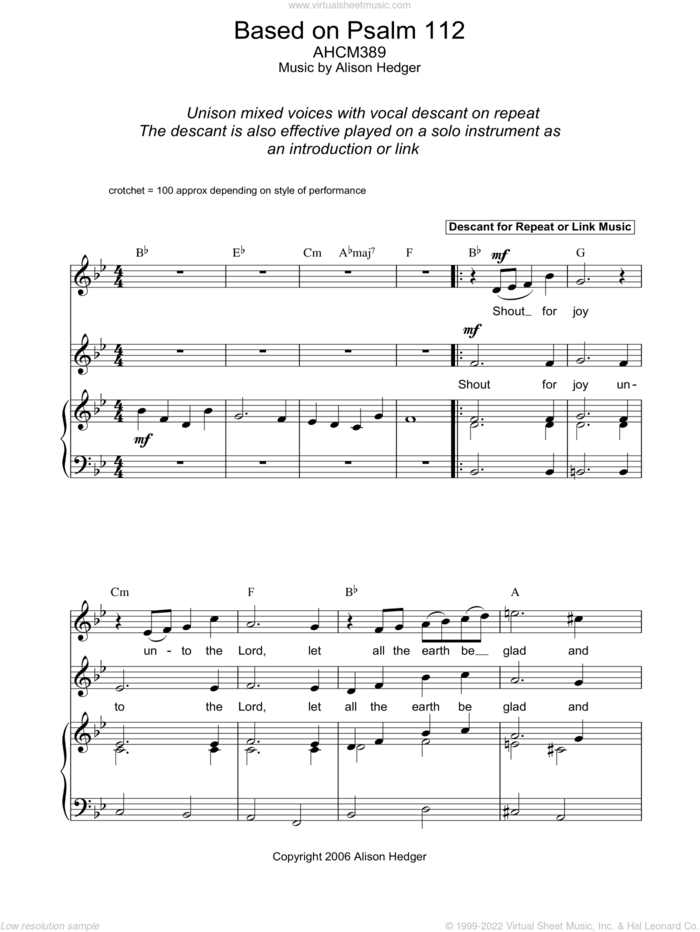 Based On Psalm 112 sheet music for voice, piano or guitar by Alison Hedger and Miscellaneous, intermediate skill level