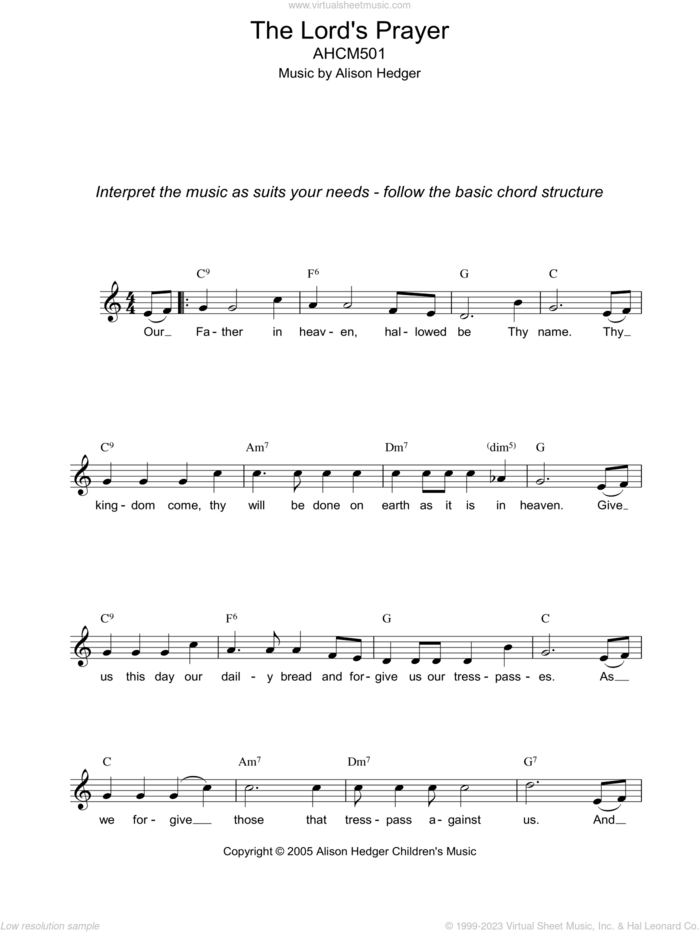 The Lord's Prayer sheet music for voice and other instruments (fake book) by Alison Hedger and Miscellaneous, intermediate skill level