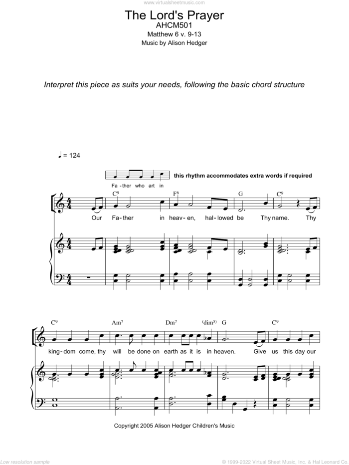The Lord's Prayer sheet music for voice, piano or guitar by Alison Hedger and Miscellaneous, intermediate skill level