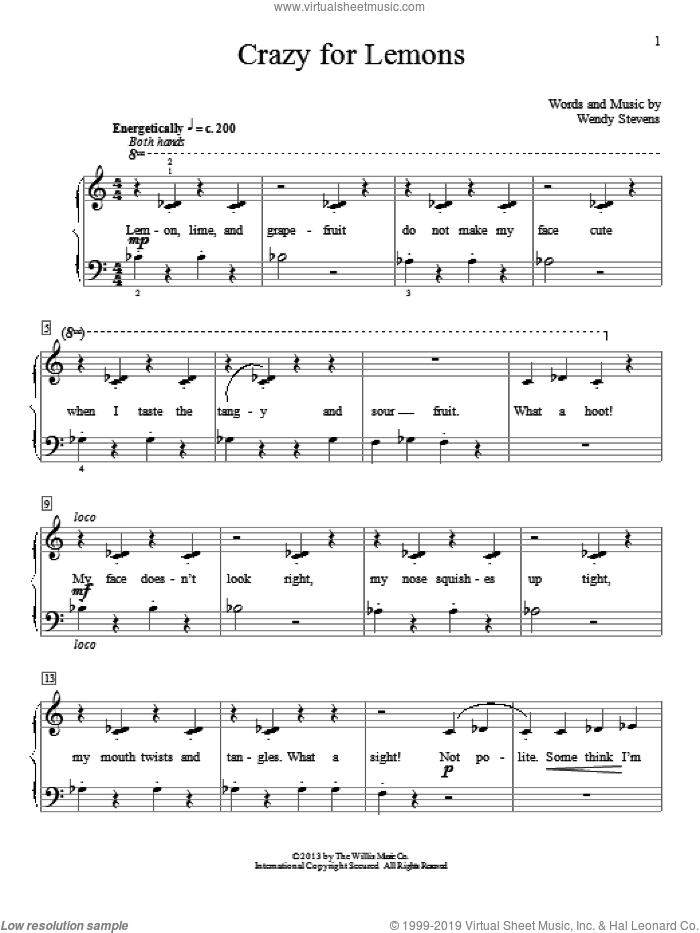 Crazy For Lemons sheet music for piano solo (elementary) by Wendy Stevens, beginner piano (elementary)