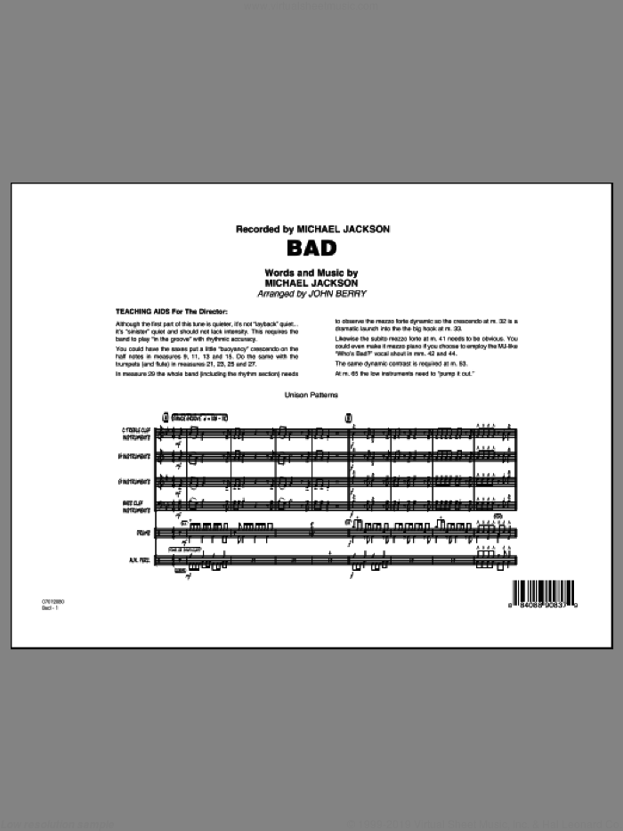 Bad (COMPLETE) sheet music for jazz band by Michael Jackson and John Berry, intermediate skill level