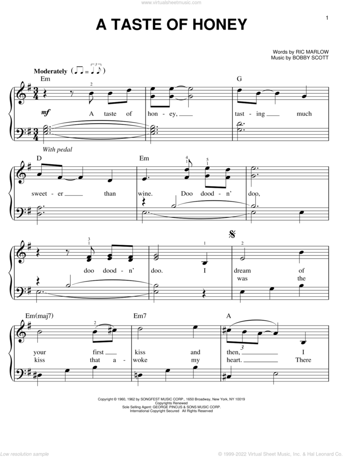 A Taste Of Honey sheet music for piano solo by The Beatles, Bobby Scott and Ric Marlow, easy skill level