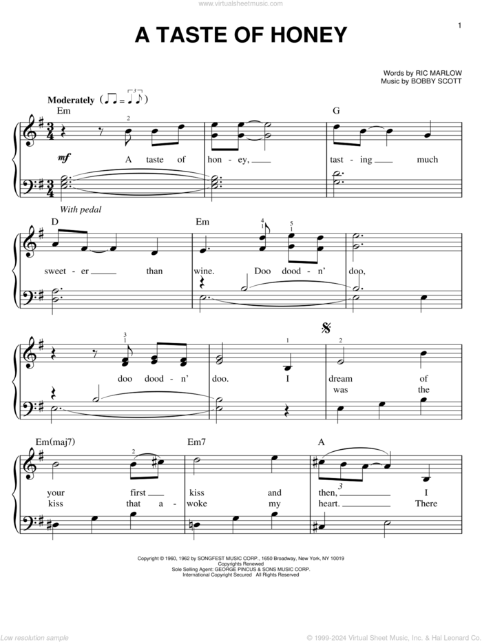 A Taste Of Honey sheet music for piano solo by The Beatles, Bobby Scott and Ric Marlow, easy skill level