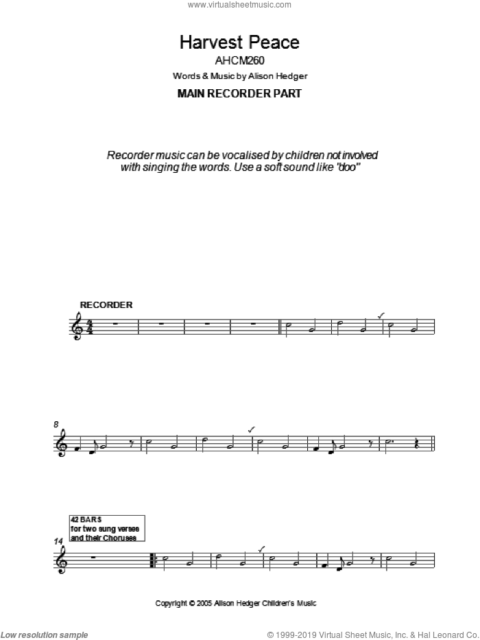 Harvest Peace sheet music for recorder solo by Alison Hedger, intermediate skill level