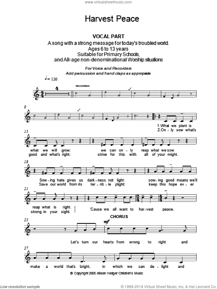Harvest Peace (Vocal Part) sheet music for voice and other instruments (fake book) by Alison Hedger, intermediate skill level