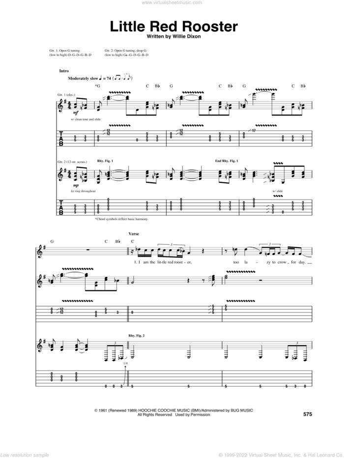 Little Red Rooster sheet music for guitar (tablature) by Sam Cooke, The Rolling Stones and Willie Dixon, intermediate skill level