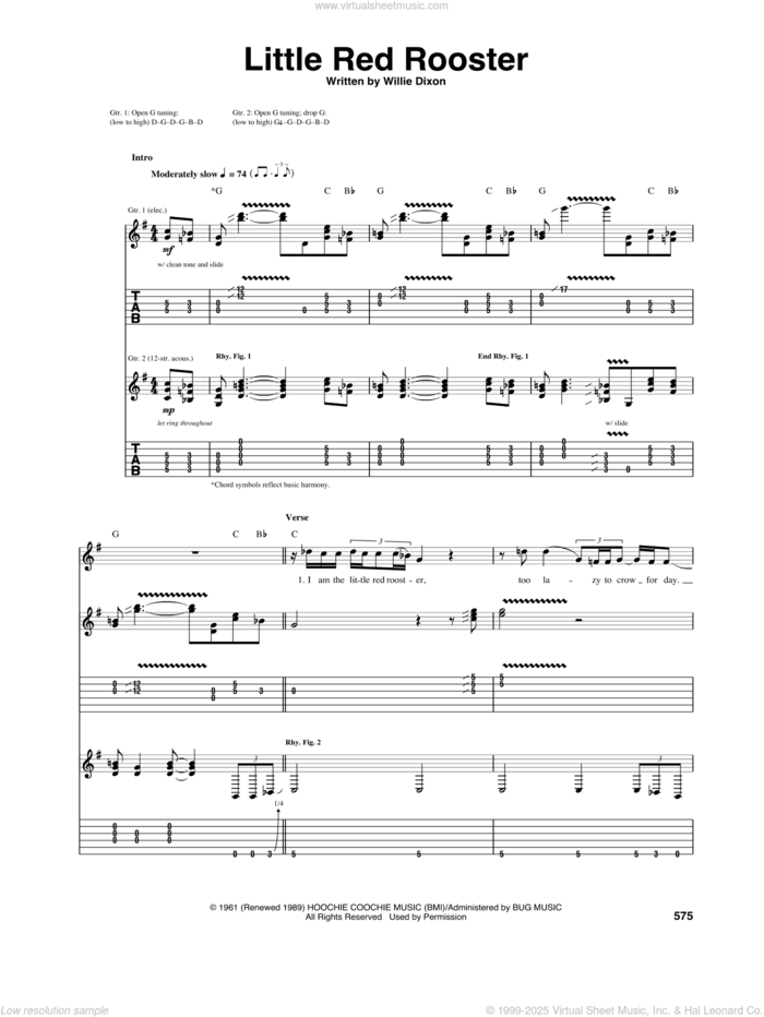 Little Red Rooster sheet music for guitar (tablature) by Sam Cooke, The Rolling Stones and Willie Dixon, intermediate skill level