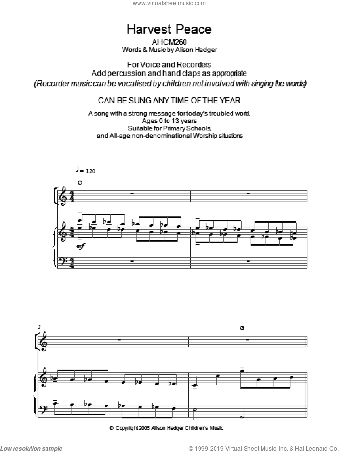 Harvest Peace sheet music for voice, piano or guitar by Alison Hedger, intermediate skill level
