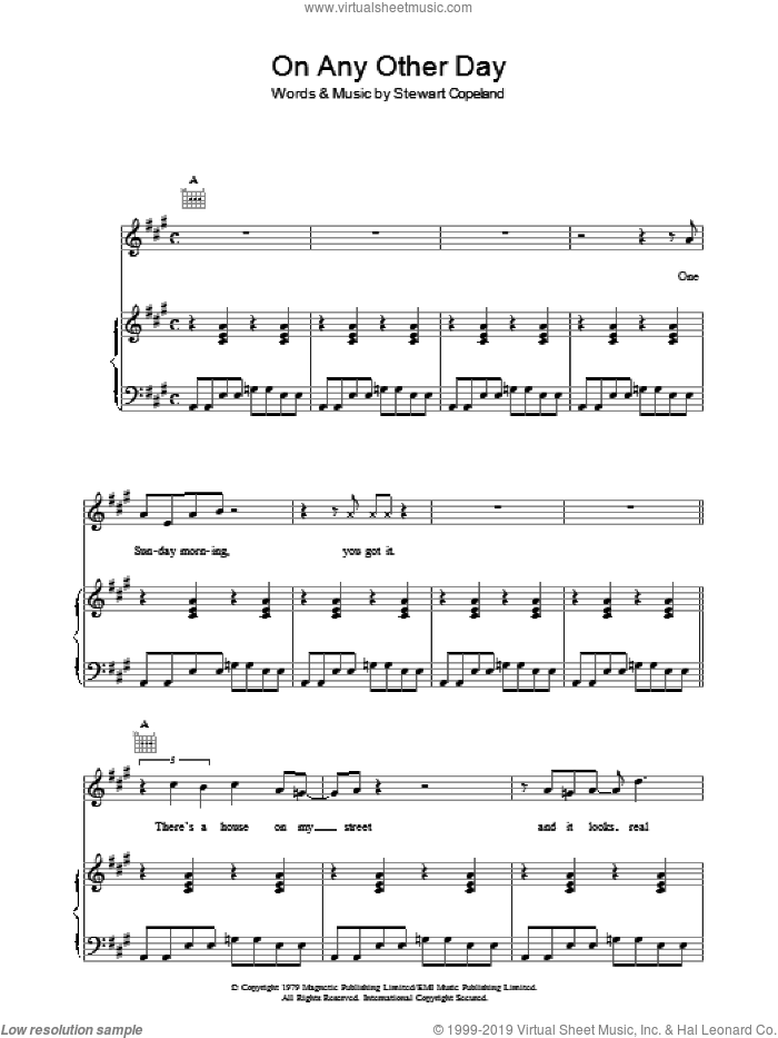 On Any Other Day sheet music for voice, piano or guitar by The Police and Stewart Copeland, intermediate skill level