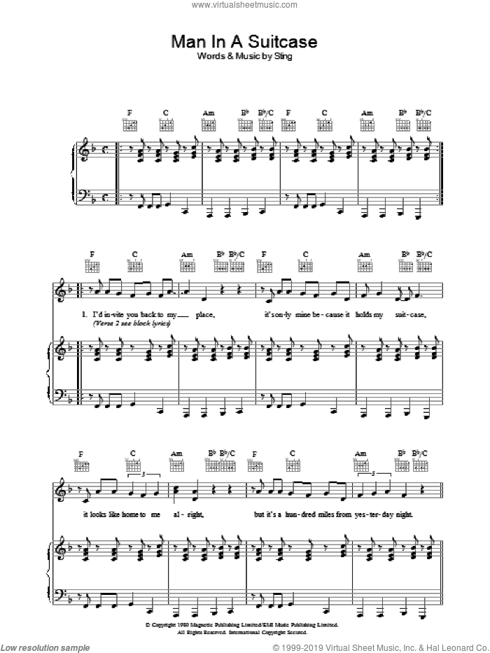 Man In A Suitcase sheet music for voice, piano or guitar by The Police and Sting, intermediate skill level