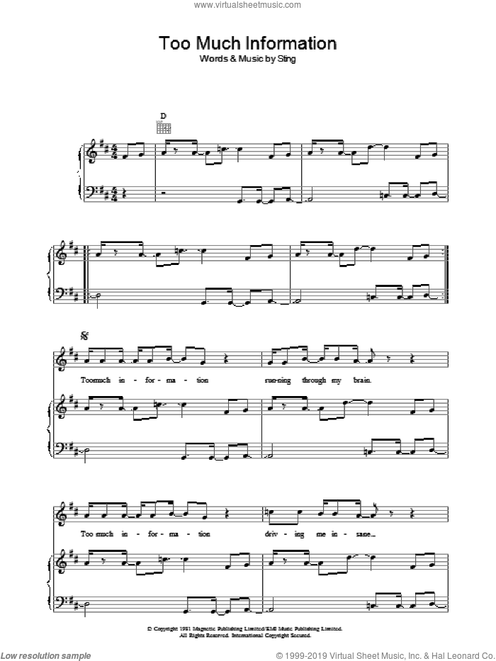 Too Much Information sheet music for voice, piano or guitar by The Police and Sting, intermediate skill level