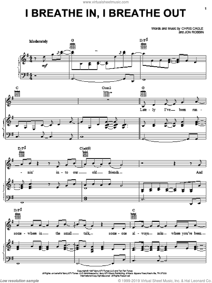 I Breathe In, I Breathe Out sheet music for voice, piano or guitar by Chris Cagle and Jon Robbin, intermediate skill level
