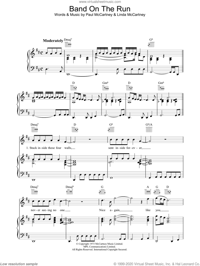 Band On The Run sheet music for voice, piano or guitar by Paul McCartney, Paul McCartney and Wings and Linda McCartney, intermediate skill level