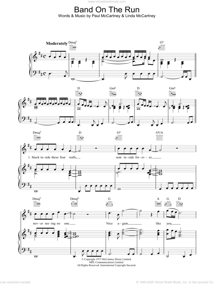 Band On The Run sheet music for voice, piano or guitar by Paul McCartney, Paul McCartney and Wings and Linda McCartney, intermediate skill level