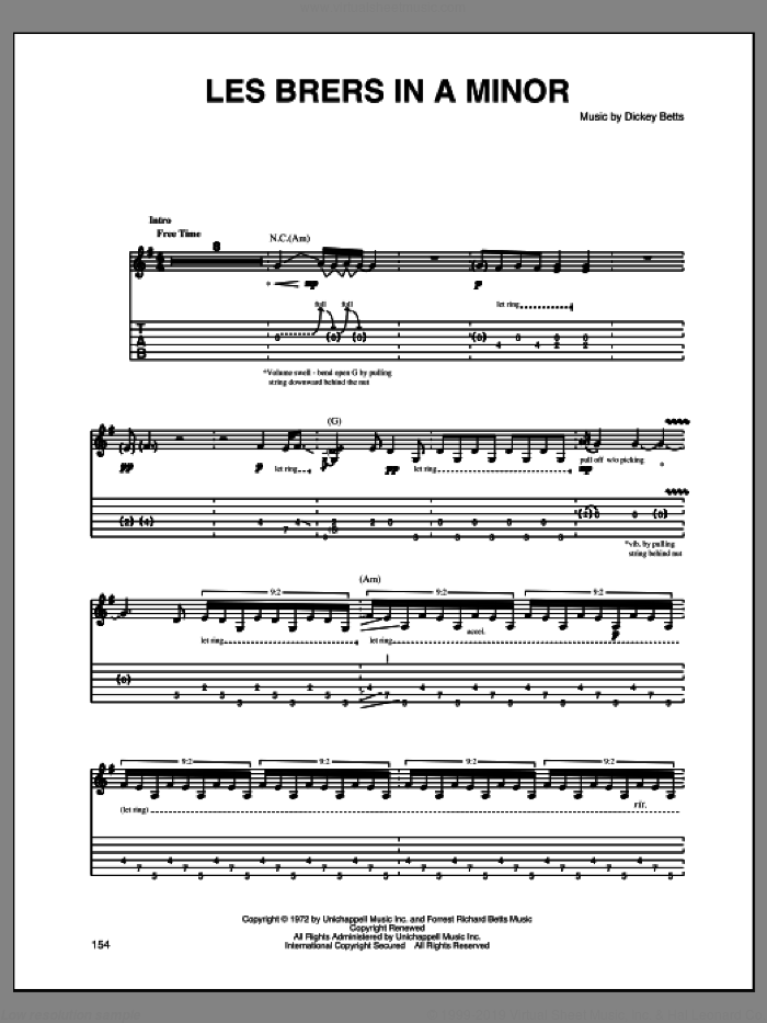 Les Brers In A Minor sheet music for guitar (tablature) by Allman Brothers Band and Dickey Betts, intermediate skill level