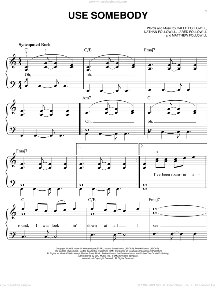 Use Somebody sheet music for piano solo by Kings Of Leon, easy skill level