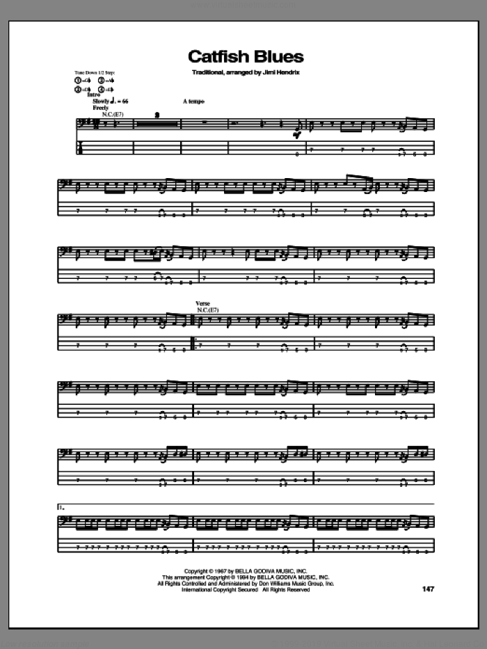 Catfish Blues sheet music for bass (tablature) (bass guitar) by Jimi Hendrix, intermediate skill level