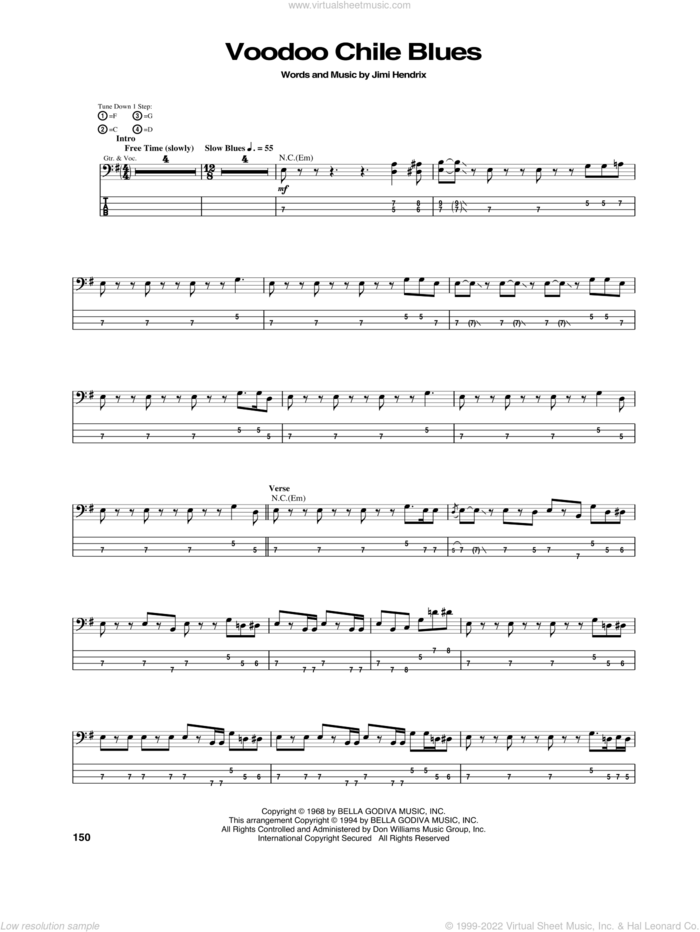 Voodoo Chile Blues sheet music for bass (tablature) (bass guitar) by Jimi Hendrix, intermediate skill level