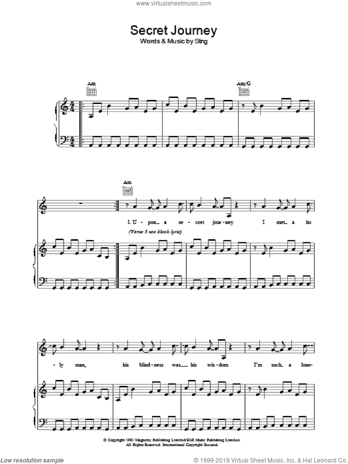 Secret Journey sheet music for voice, piano or guitar by The Police and Sting, intermediate skill level