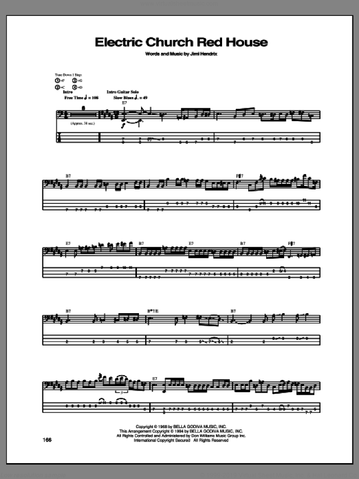 Electric Church Red House sheet music for bass (tablature) (bass guitar) by Jimi Hendrix, intermediate skill level
