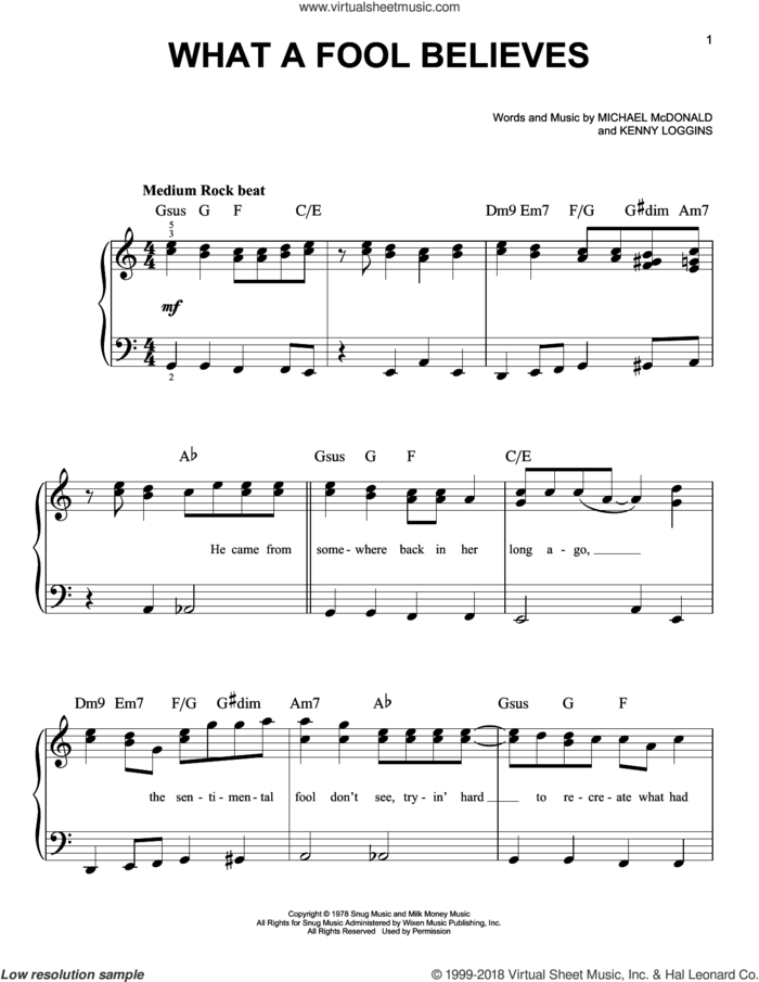 What A Fool Believes, (beginner) sheet music for piano solo by The Doobie Brothers, Kenny Loggins and Michael McDonald, beginner skill level