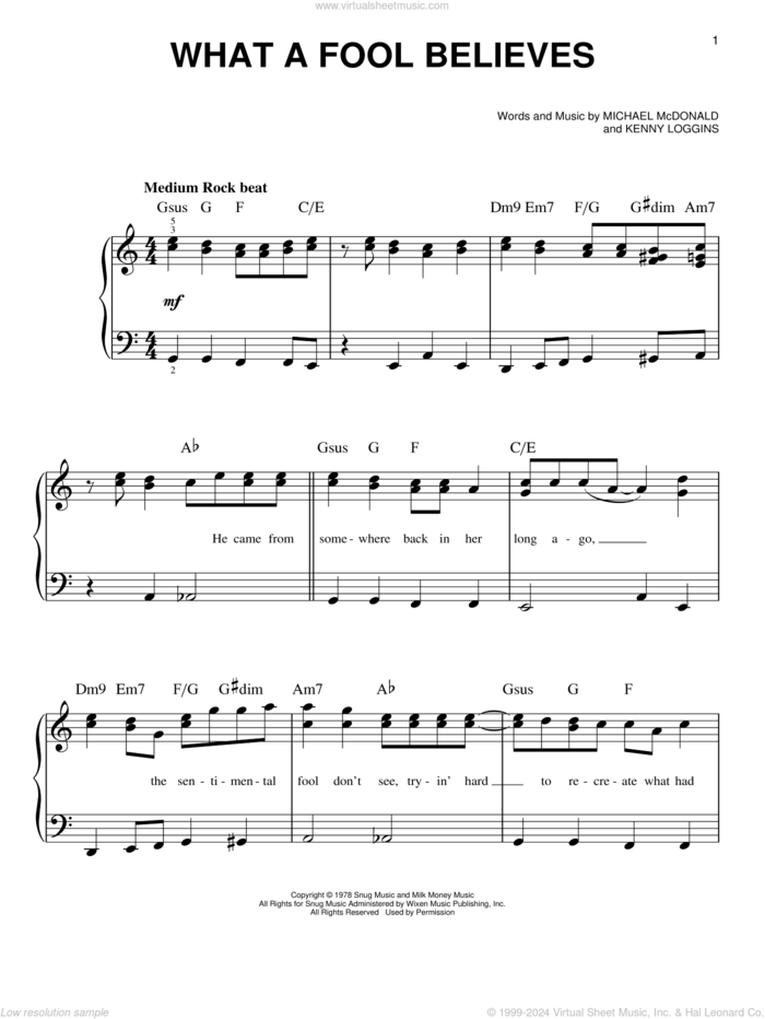 What A Fool Believes sheet music for piano solo by The Doobie Brothers, Kenny Loggins and Michael McDonald, beginner skill level