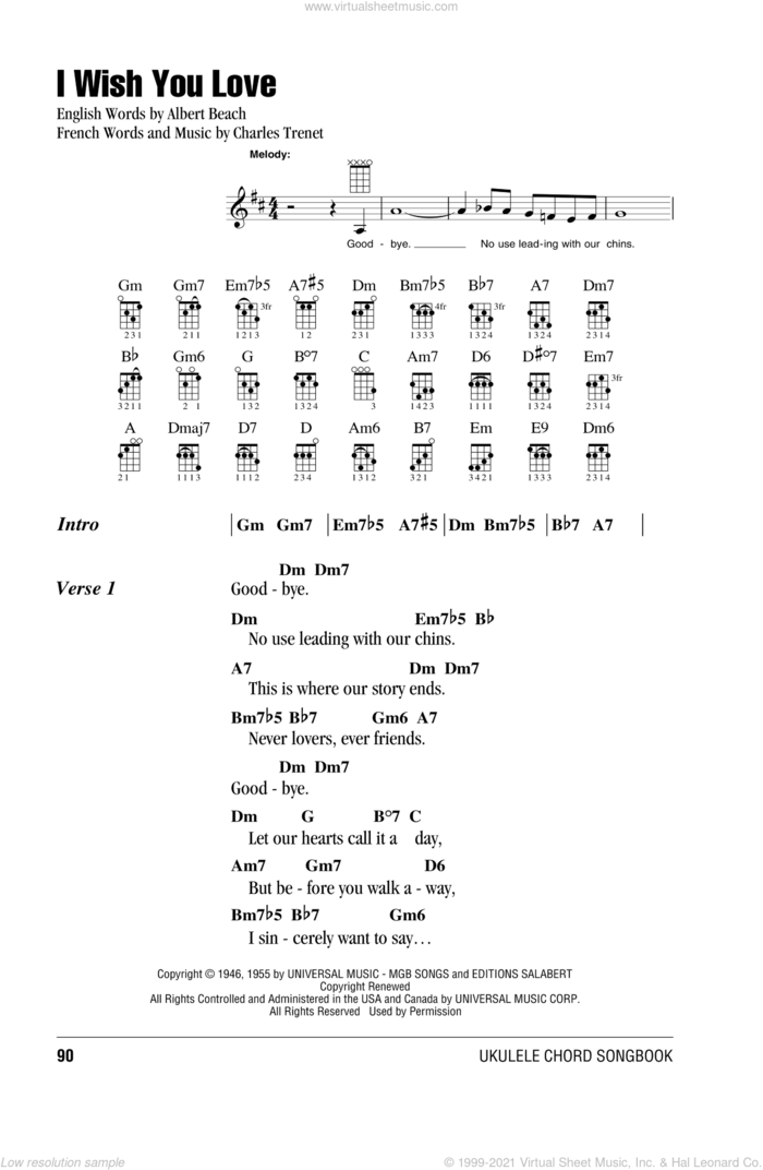 I Wish You Love sheet music for ukulele (chords) by Gloria Lynne, Albert Beach and Charles Trenet, intermediate skill level