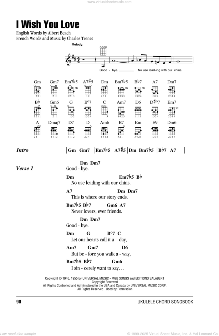 I Wish You Love sheet music for ukulele (chords) by Gloria Lynne, Albert Beach and Charles Trenet, intermediate skill level