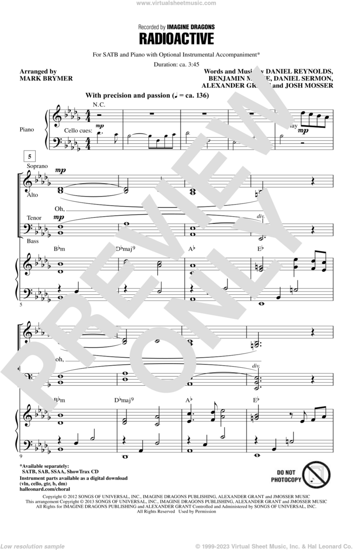 Radioactive sheet music for choir (SATB: soprano, alto, tenor, bass) by Mark Brymer and Imagine Dragons, intermediate skill level