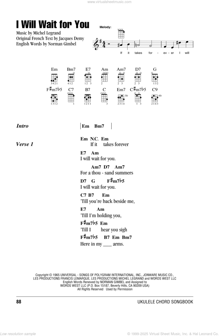 I Will Wait For You sheet music for ukulele (chords) by Michel LeGrand, Jacques Demy and Norman Gimbel, intermediate skill level