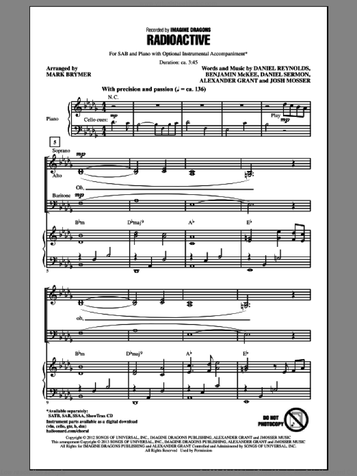Radioactive sheet music for choir (SAB: soprano, alto, bass) by Mark Brymer and Imagine Dragons, intermediate skill level
