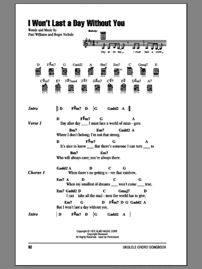 I Won't Last A Day Without You sheet music for ukulele (chords) by Carpenters, Paul Williams and Roger Nichols, intermediate skill level