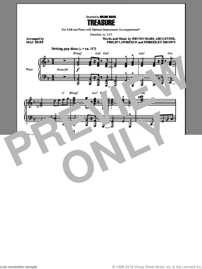 Treasure sheet music for choir (SAB: soprano, alto, bass) by Mac Huff and Bruno Mars, intermediate skill level