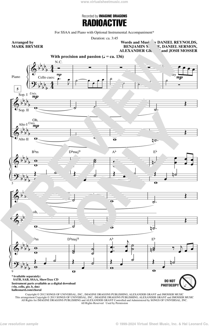 Radioactive sheet music for choir (SSA: soprano, alto) by Mark Brymer and Imagine Dragons, intermediate skill level
