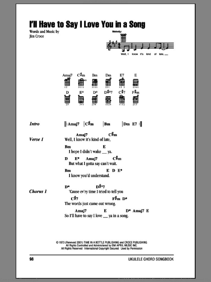 I'll Have To Say I Love You In A Song sheet music for ukulele (chords) by Jim Croce, intermediate skill level