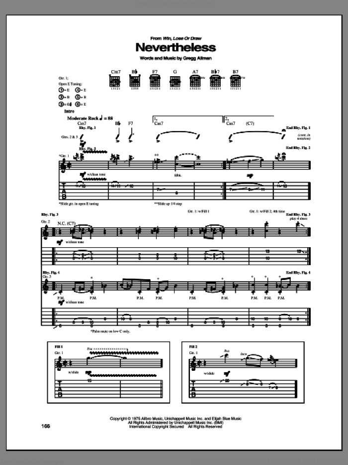 Nevertheless sheet music for guitar (tablature) by Allman Brothers Band, intermediate skill level